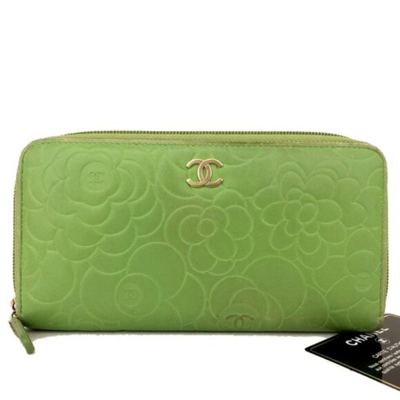 Handbags - EGA CHANEL Camellia CC Logo Lambskin Zip Around Long Wallet Green*/8BL0389